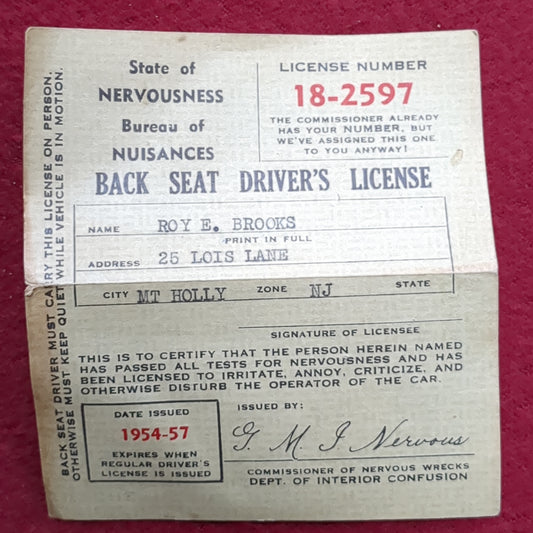 1954 State of Nervousness Back Seat Driver's License (11S (ab10-t)