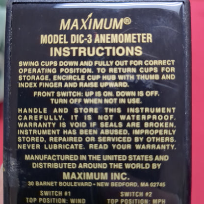 Maximum Model DIC-3 Anemometer 9V Battery Powered Hand Held w Case (10S-1gp16)