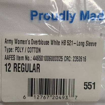 NOS US Army Cali Fashions Womens Over blouse White Long sleeve Tuck-In Shirt 12 Regular (dg2- ea02-AUG266)