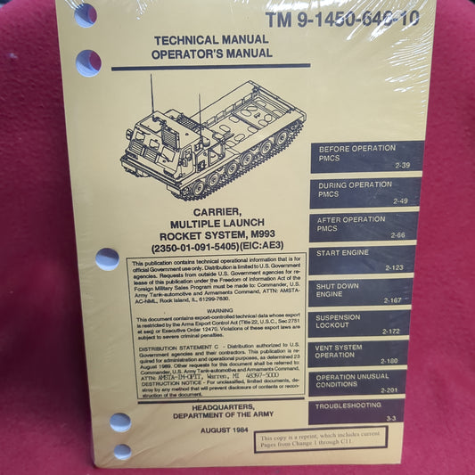 BOOK - TECHNICAL MANUAL OPERATOR'S MANUAL CARRIER, MULTIPLE LAUNCH ROCKET SYSTEM M993 (2350-01-091-5405) (EIC:AE3) AUGUST 1984 (BOX26)