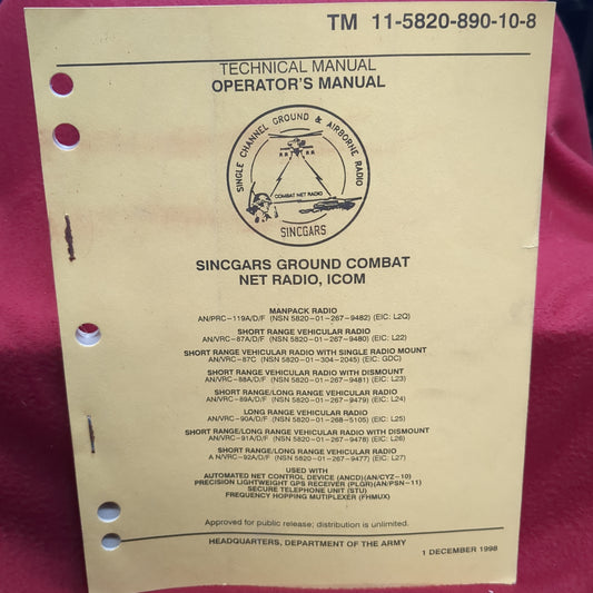 BOOK - TECHNICAL MANUAL OPERATOR'S MANUAL SINCGARS GROUND COMBAT NET RADIO, ICOM (SPECIFIC ITEMS LISTED BELOW) 1 DECEMBER 1998 (BOX25)