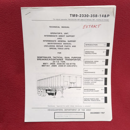 BOOK -  TECHNICAL MANUAL: OPERATOR'S UNIT, INTERMEDIATE DIRECT SUPPORT AND INTERMEDIATE GENERAL SUPPORT MAINTENANCE MANUAL (INCLUDING REPAIR PARTS AND SPECIAL TOOLS LIST (SPECIFIC EQUIPMENT LISTED BELOW) DECEMBER 1987 (BOX27)