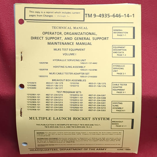 BOOK - TECHNICAL MANUAL: OPERATOR, ORGANIZATIONAL, DIRECT SUPPORT, AND GENERAL SUPPORT MAINTENANCE MANUAL MLRS TEST EQUIPMENT VOLUME 1 (SPECIFIC EQUIPMENT LISTED BELOW) JUNE 1984(BOX27)