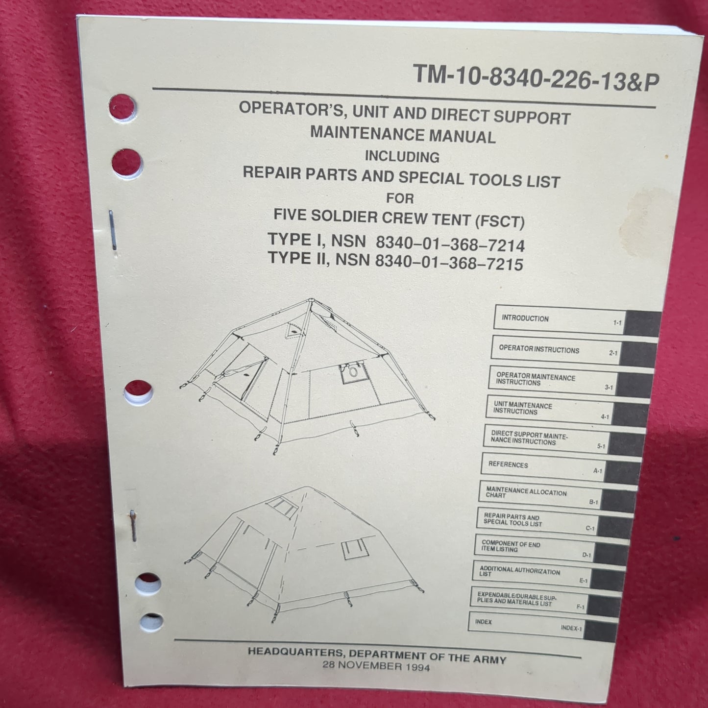 BOOK -OPERATOR'S, UNIT AND DIRECT SUPPORT MAINTENANCE MANUAL INCLUDING REPAIR PARTS AND SPECIAL TOOLS LIST (SPECIFIC EQUIPMENT LISTED BELOW) 28 NOVEMBER 1994 (BOX27)