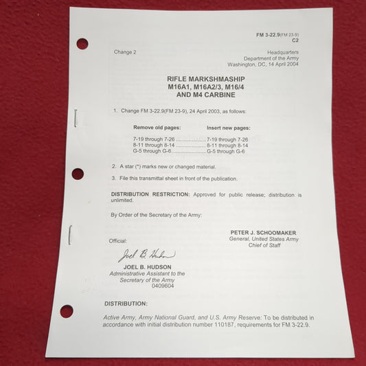 BOOK -  RIFLE MARKSMANSHIP: M16A1, M16A2/3, M1614, AND M4 CARBINE 22: CHANGE TWO:24  April 2003 (BOX 28)