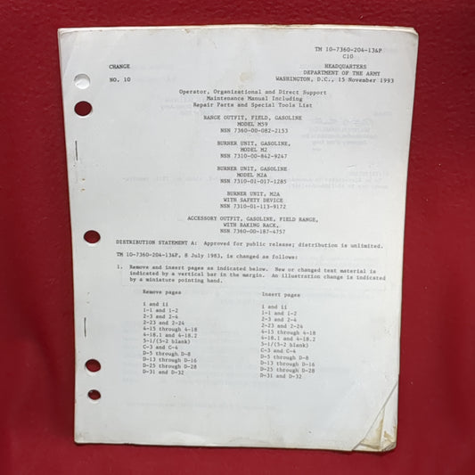 BOOK -  TECHNICAL MANUAL 10-7360-204-12&P  C10: GASOLINE RANGE OUTFIT, BURNER UNIT AND FIELD RANGE: NOVEMBER 1993 (SPECIFIC EQUIPMENT LISTED BELOW)(BOX31)