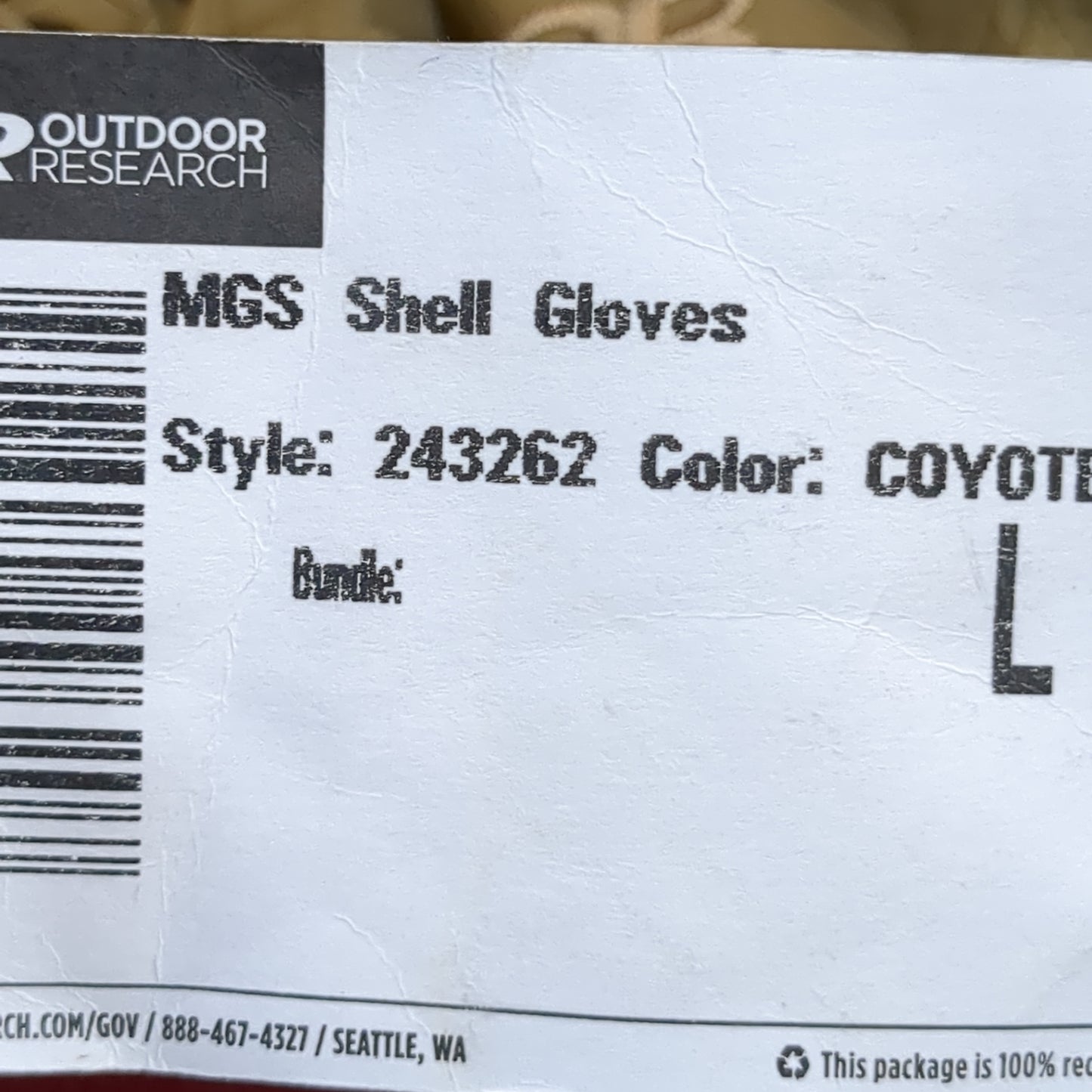 NWT Outdoor Research MGS Shell Gloves Large Coyote (40cr- cb2-ALP70)