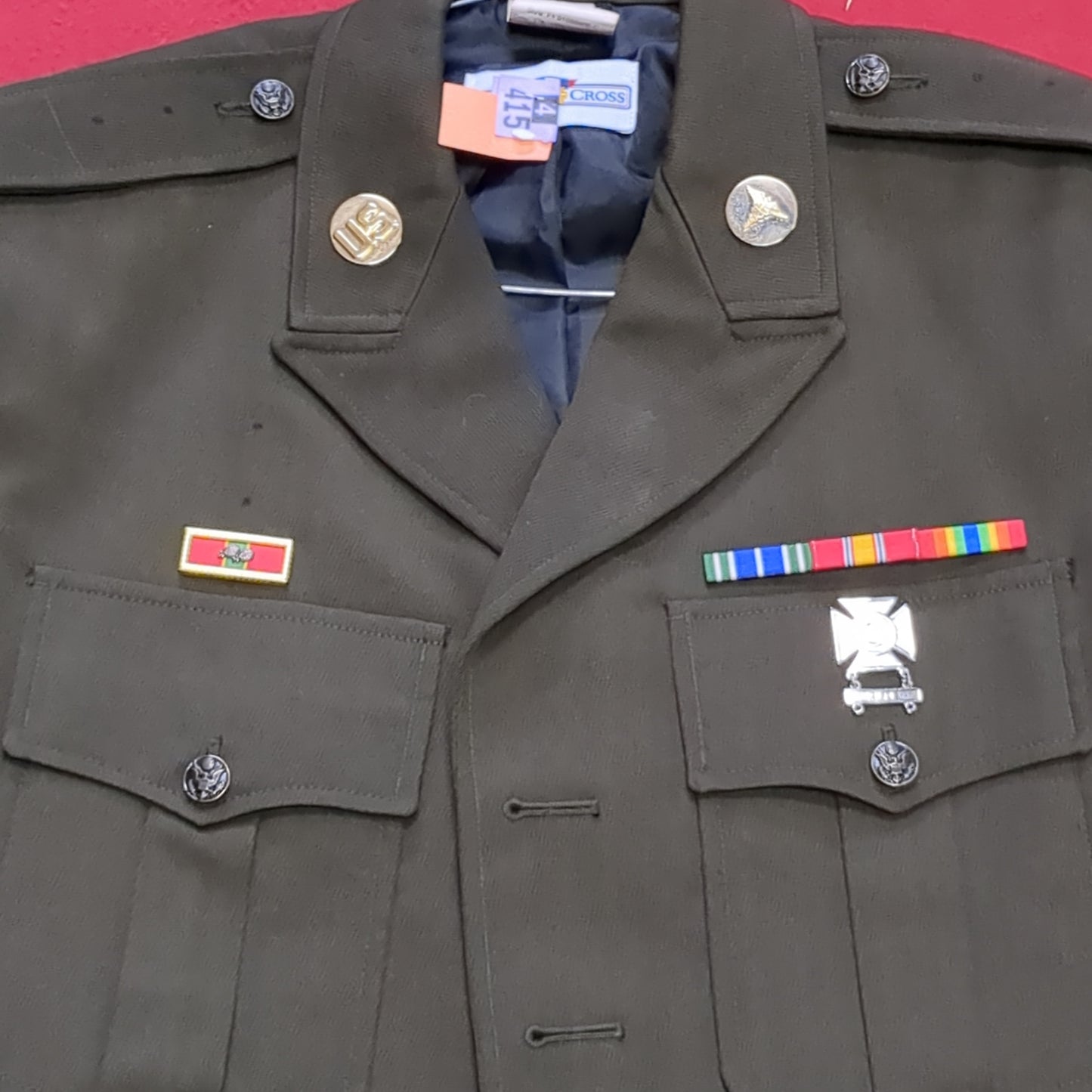 agsu army green service uniform jacket W/ Ribbons, and Patches Male Dress Coat Size: 44 r-c Excellent Condition (dg2- ea02-yam168)