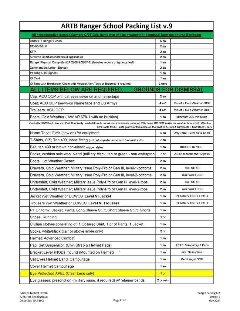 "Gibsons Pack" Ranger School Packing List v.9 (May2024) Gibsons