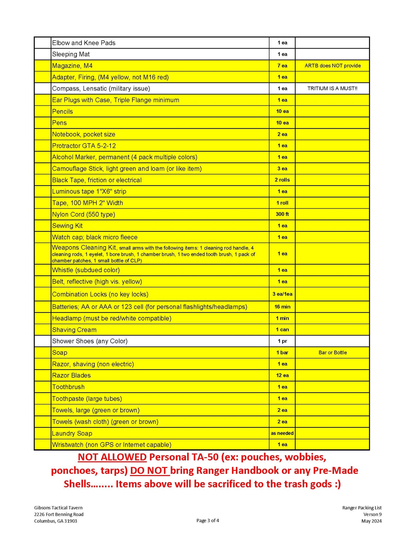 "Gibsons Pack" Ranger School Packing List v.9 (May2024) Gibsons