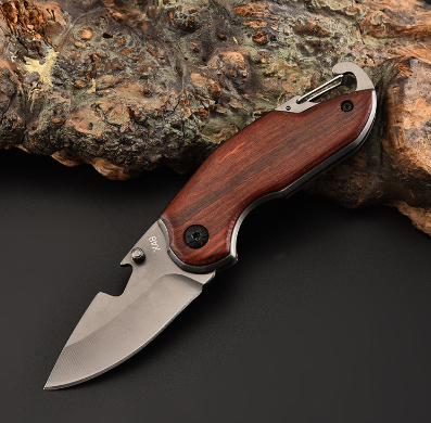 X48 Belt Clip Buck Wooden Pocket Knife with Hook Chain Brown (gtt)